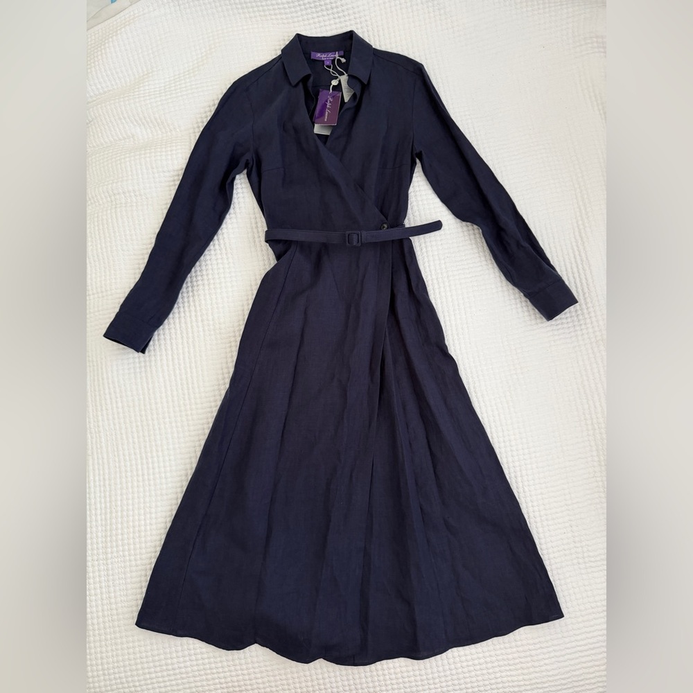 NWT Ralph Lauren Collection Aniyah Belted Linen Midi Wrap Dress Size 4 Navy - Picture 12 of 15